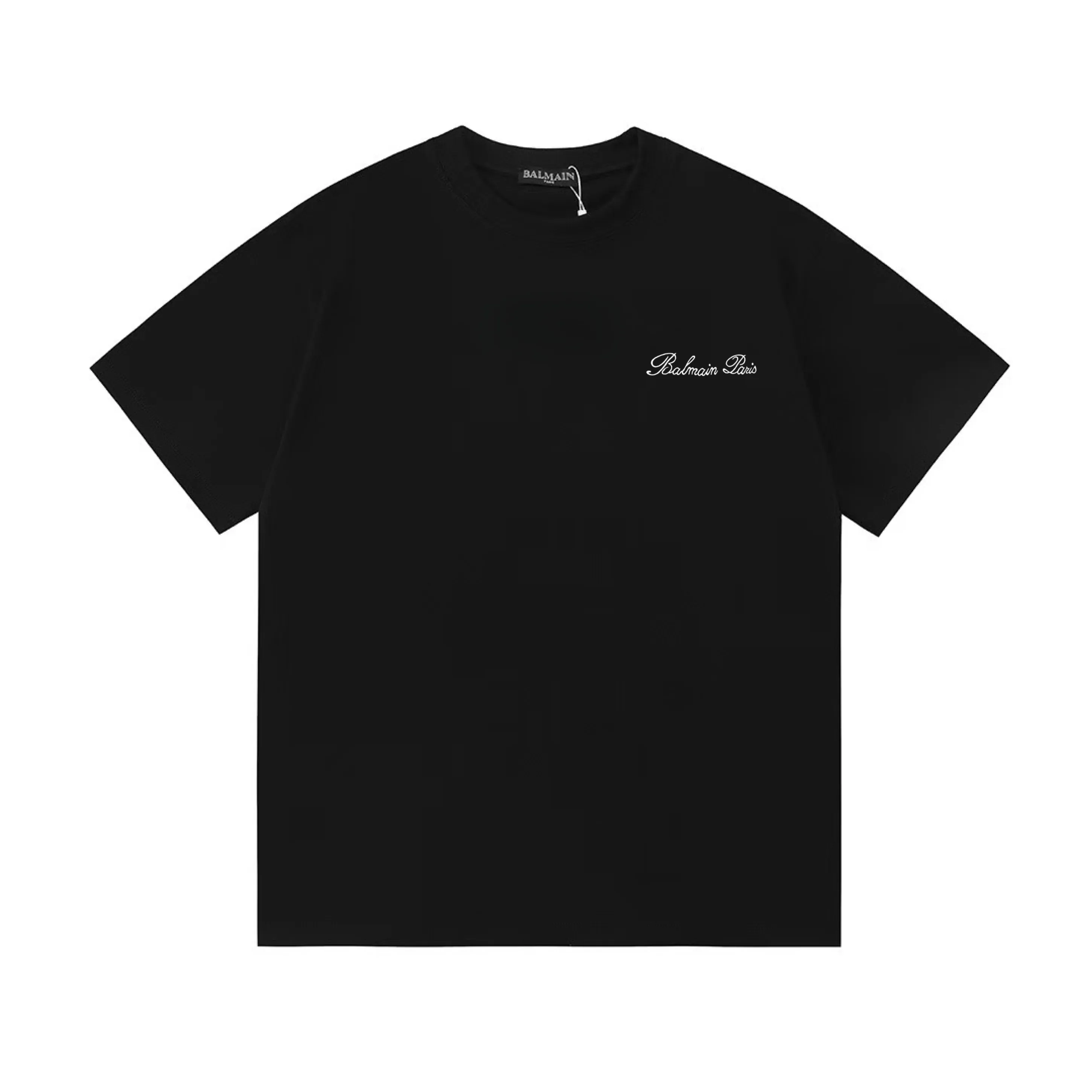 BALMAIN 2026New Arrival Imported machine high-density signature embroidery letter logo Men's and women's Same Style short-sleeved T-shirt Customized weight 100% double yarn pure cotton fabric 32-count double-strand thread dyeing Collar label hangtag main mark three complete labels Color: Black Size: XS S M L
